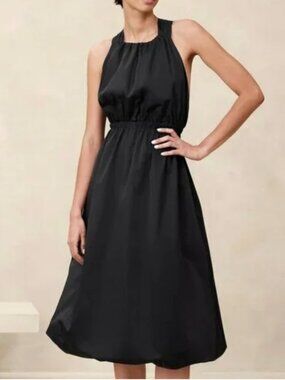 Banana Republic Bubble Hem Black Taffeta Midi Dress Size Large Petite